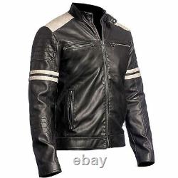 Men's Biker Vintage Style Cafe Racer Retro Distressed Leather Jacket /US Seller