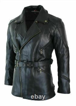 Men's Black 3/4 Motorcycle Biker Long Cow Hide Leather Jacket/Coat