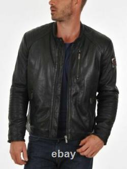 Men's Black Leather Jacket Soft Lambskin Motorcycle Cafe Racer Zipper Short