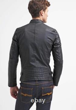 Men's Black Leather Jacket Soft Lambskin Motorcycle Cafe Racer Zipper Short New