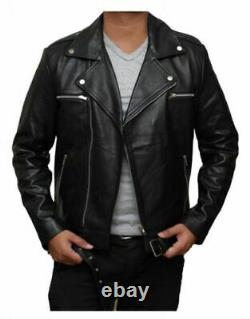 Men's Black Leather Jacket Soft Lambskin Motorcycle Cafe Racer Zipper Slim Fit