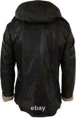 Men's Black Trench Coat Hooded 3/4 Genuine Sheepskin Leather Jacket/Coat