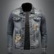 Men's Blue Basic Denim Jean Jacket Badge Button Motorcycle Punk Hip Hop Coat New