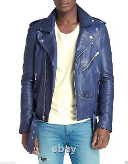 Men's Blue Jacket Real Soft Lambskin Leather Handmade Stylish Biker Motorcycle