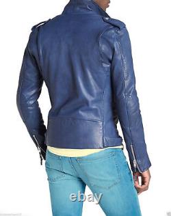 Men's Blue Jacket Real Soft Lambskin Leather Handmade Stylish Biker Motorcycle
