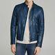 Men's Blue Leather Jacket Soft Lambskin Motorcycle Cafe Racer Zipper Short
