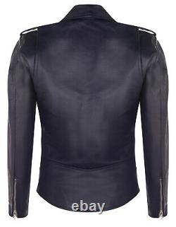 Men's Brando Leather Jacket Casual Stylish Navy Blue Leather Biker Jacket