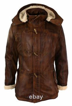 Men's Brown Duffle Over Coat Trench Hooded Long Genuine Sheepskin Leather Jacket