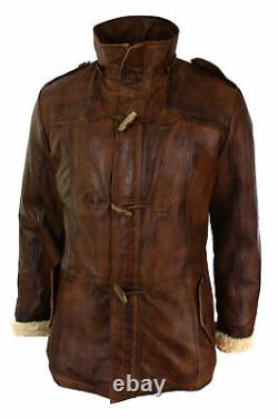 Men's Brown Duffle Over Coat Trench Hooded Long Genuine Sheepskin Leather Jacket