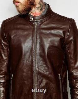 Men's Brown Leather Jacket Soft Lambskin Motorcycle Cafe Racer Zipper Short