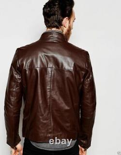 Men's Brown Leather Jacket Soft Lambskin Motorcycle Cafe Racer Zipper Short