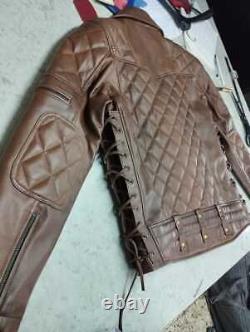 Men's Brown Motorcycle Leather Jacket Real Sheepskin Laced leather Jackets