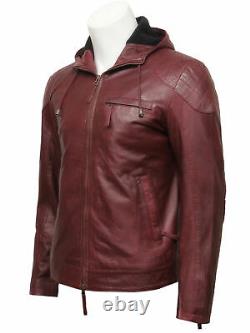 Men's Burgundy Leather Jacket Soft Lambskin Motorcycle Cafe Racer Zipper Short