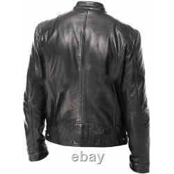 Men's Cafe Racer Biker Leather Jacket Black Motorcycle Genuine Sheepskin leather