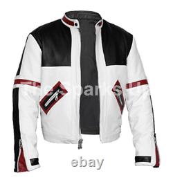 Men's Chaser Box Brando Vintage Classic Biker Style White & Black Leather Jacket