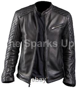 Men's Classic Diamond Café Racer Casual Motorcycle Black Genuine Leather Jacket