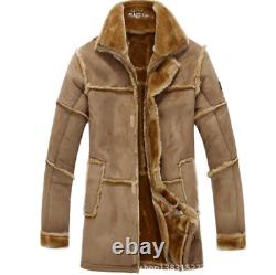 Men's Coat Winter Lapel Coat Lambskin Suede Warm Llining Long Jacket Trench 2XL