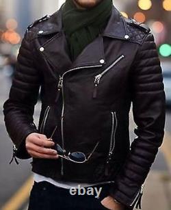 Men's Cool Quilted Motorcycle Biker Black Moto Real Leather Jacket