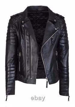 Men's Cool Quilted Motorcycle Biker Black Moto Real Leather Jacket