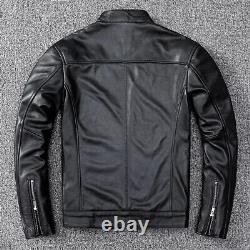 Men's Cowhide Leather Jacket Motorcycle Slim Fit Collar Up Biker Casual Jacket