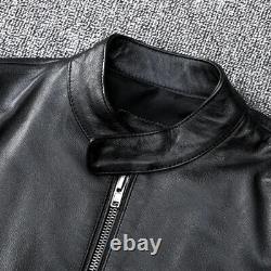 Men's Cowhide Leather Jacket Motorcycle Slim Fit Collar Up Biker Casual Jacket