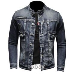 Men's Dark Blue Pockets Button Punk Hip Hop Jean Jacket Casual Coat Motorcycle