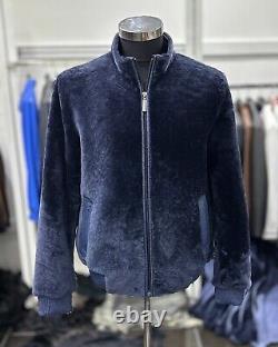 Men's Genuine Astrakhan Fur Blue Luxury Bomber Jacket