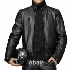 Men's Genuine Lambskin Leather Jacket Black Slim fit Biker Motorcycle Jacket-001