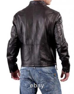 Men's Genuine Lambskin Leather Jacket Black Slim fit Biker Motorcycle Jacket-012