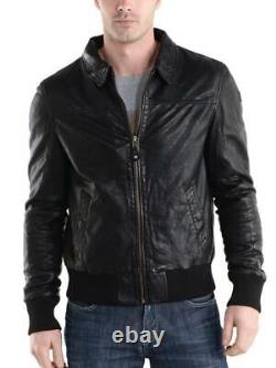 Men's Genuine Lambskin Leather Jacket Black Slim fit Biker Motorcycle Jacket-015