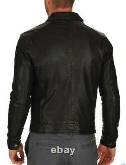 Men's Genuine Lambskin Leather Jacket Black Slim fit Biker Motorcycle Jacket-022