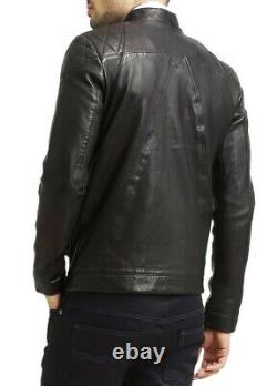 Men's Genuine Lambskin Leather Jacket Black Slim fit Biker Motorcycle Jacket-023