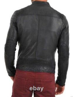 Men's Genuine Lambskin Leather Jacket Black Slim fit Biker Motorcycle Jacket-035