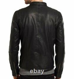 Men's Genuine Lambskin Leather Jacket Black Slim fit Biker Motorcycle Jacket-037