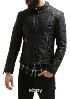 Men's Genuine Lambskin Leather Jacket Black Slim fit Biker Motorcycle Jacket-044