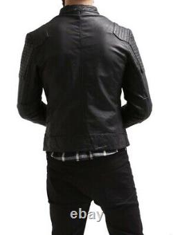 Men's Genuine Lambskin Leather Jacket Black Slim fit Biker Motorcycle Jacket-044
