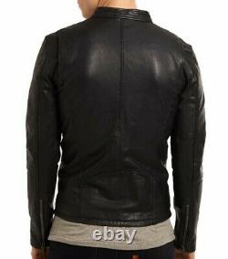 Men's Genuine Lambskin Leather Jacket Black Slim fit Biker Motorcycle Jacket-046