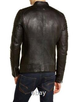 Men's Genuine Lambskin Leather Jacket Black Slim fit Biker Motorcycle Jacket-052