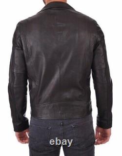 Men's Genuine Lambskin Leather Jacket Black Slim fit Biker Motorcycle Jacket-055