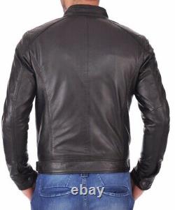 Men's Genuine Lambskin Leather Jacket Black Slim fit Biker Motorcycle Jacket-056