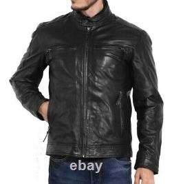 Men's Genuine Lambskin Leather Jacket Black Slim fit Biker Motorcycle Jacket-063
