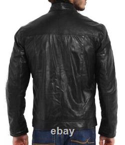 Men's Genuine Lambskin Leather Jacket Black Slim fit Biker Motorcycle Jacket-063