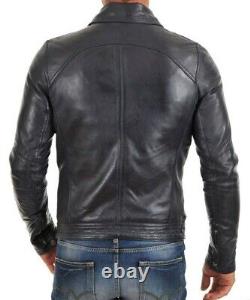 Men's Genuine Lambskin Leather Jacket Black Slim fit Biker Motorcycle Jacket-071