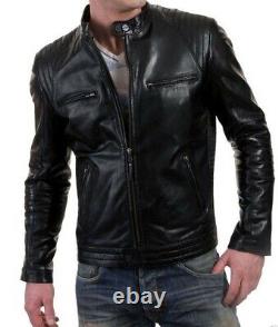 Men's Genuine Lambskin Leather Jacket Black Slim fit Biker Motorcycle Jacket-073