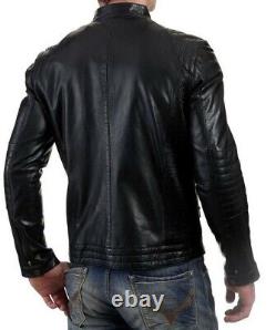 Men's Genuine Lambskin Leather Jacket Black Slim fit Biker Motorcycle Jacket-073