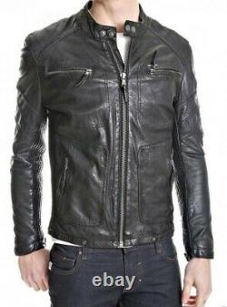 Men's Genuine Lambskin Leather Jacket Black Slim fit Biker Motorcycle Jacket-080