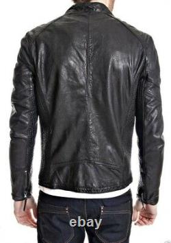 Men's Genuine Lambskin Leather Jacket Black Slim fit Biker Motorcycle Jacket-080