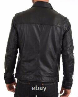 Men's Genuine Lambskin Leather Jacket Black Slim fit Biker Motorcycle Jacket-086