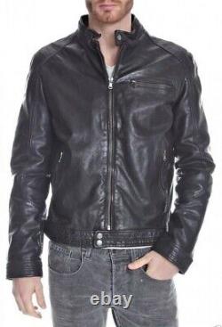 Men's Genuine Lambskin Leather Jacket Black Slim fit Biker Motorcycle Jacket-089