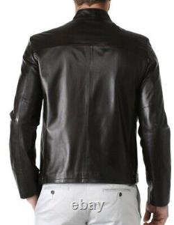 Men's Genuine Lambskin Leather Jacket Black Slim fit Biker Motorcycle Jacket-093